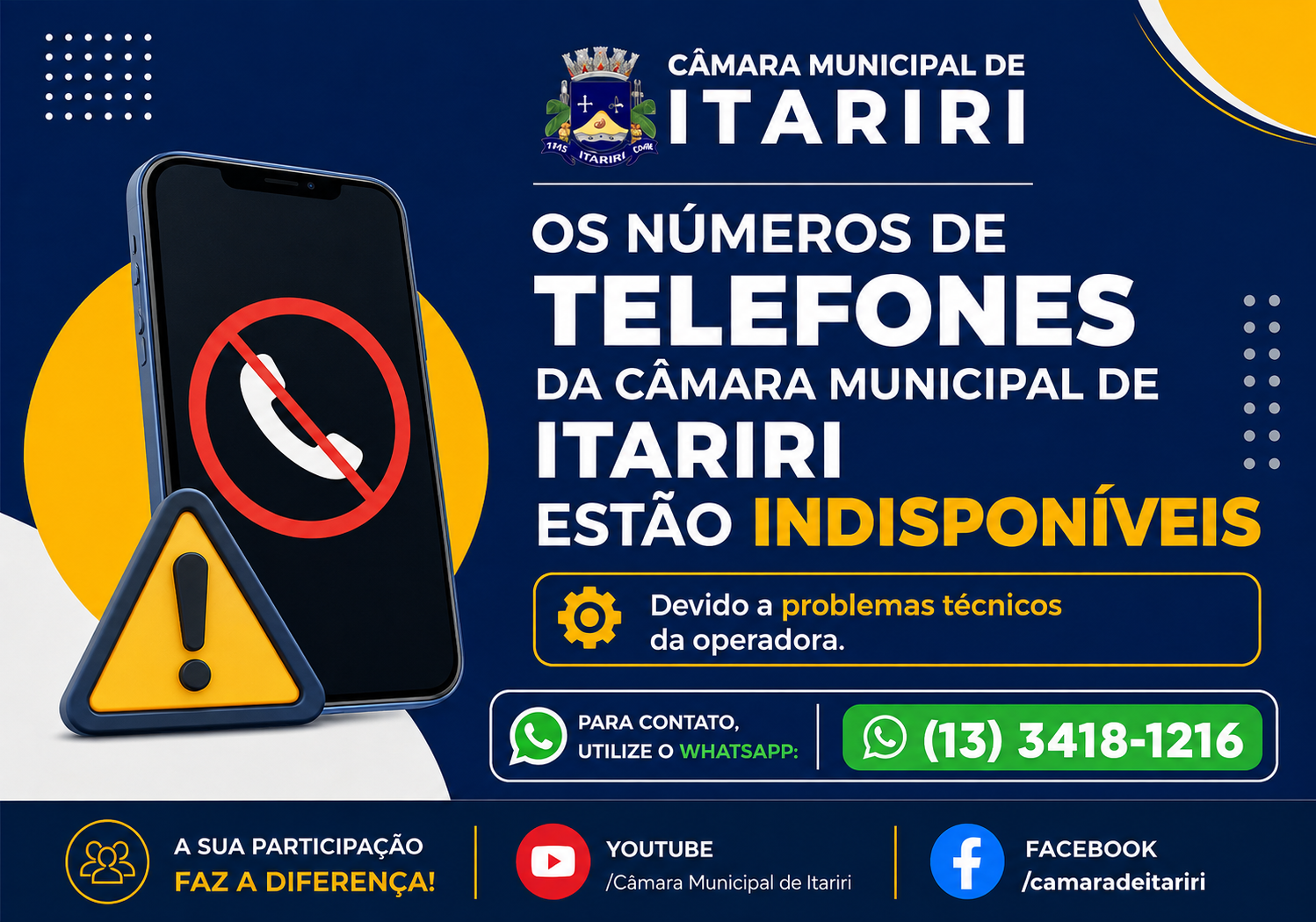 Câmara Municipal de Itariri informa sobre indisponibilidade dos telefones
